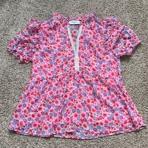 Axara Paris Floral Empire Waist Sheer Ruffle Sleeve Top Blouse